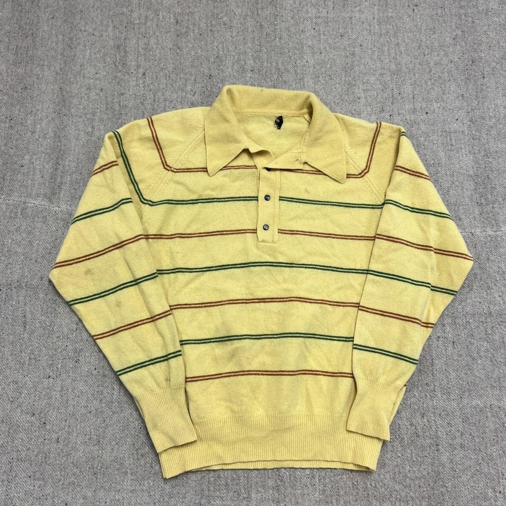 Vintage Sears Collared Sweater Mens Large Yellow 1970s Striped Long Sleeve